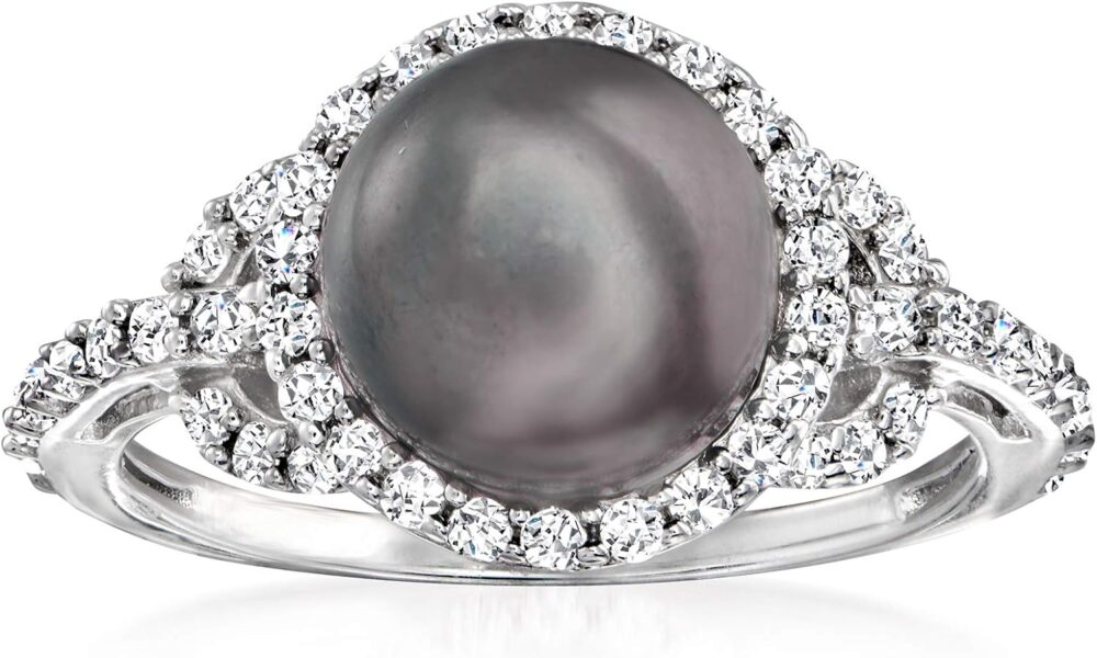 Ross-Simons 8.5-9mm Black Cultured Pearl and .50 ct. t.w. CZ Ring in Sterling Silver