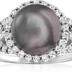 Ross-Simons 8.5-9mm Black Cultured Pearl and .50 ct. t.w. CZ Ring in Sterling Silver