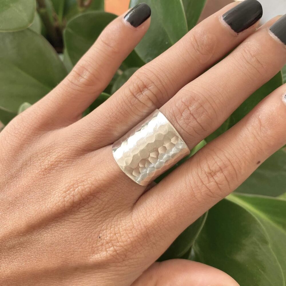 Hammered Sterling Silver Handmade Classic Wide Band Boho Statement Ring, Shiny Finish Wrap Band Adjustable to Sizes 6-12, Also as Thumb Ring, Gift for Her - Image 4