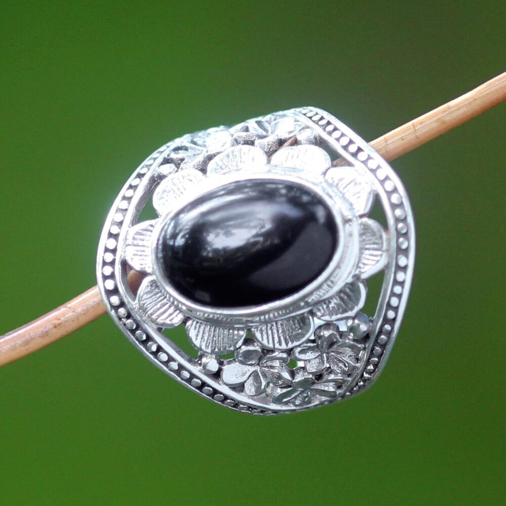 NOVICA Artisan Handmade Onyx Flower Ring Unique .925 Sterling Silver Cocktail Black White Indonesia Floral Happiness Birthstone 'Frangipani Mystery' - Image 2