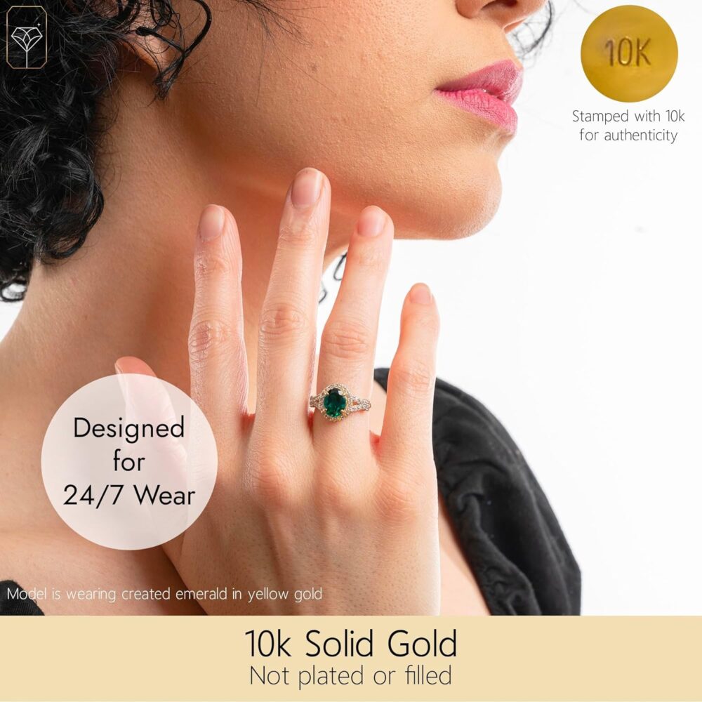 MAX + STONE 10k Solid Gold Oval Cut Gemstone Ring for Women with Halo | Birthstone Rings with White Sapphire Accent Stones | Hypoallergenic Statement Cocktail Rings in Sizes 6 to 8 - Image 2