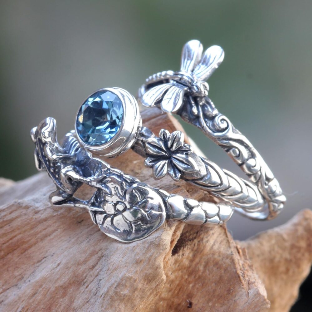 NOVICA Artisan Handmade Blue Topaz Stacking Rings Dragonfly Frog Silver 3 Sterling Indonesia Animal Themed Floral Birthstone 'Garden of Eden' - Image 2