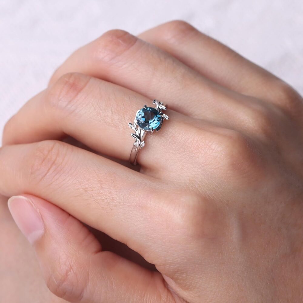 LUO Round Shaped 7 MM Gemstone Ring Leaf Promise Ring 925 Sterling Silver Birthstone Ring for Women - Image 4