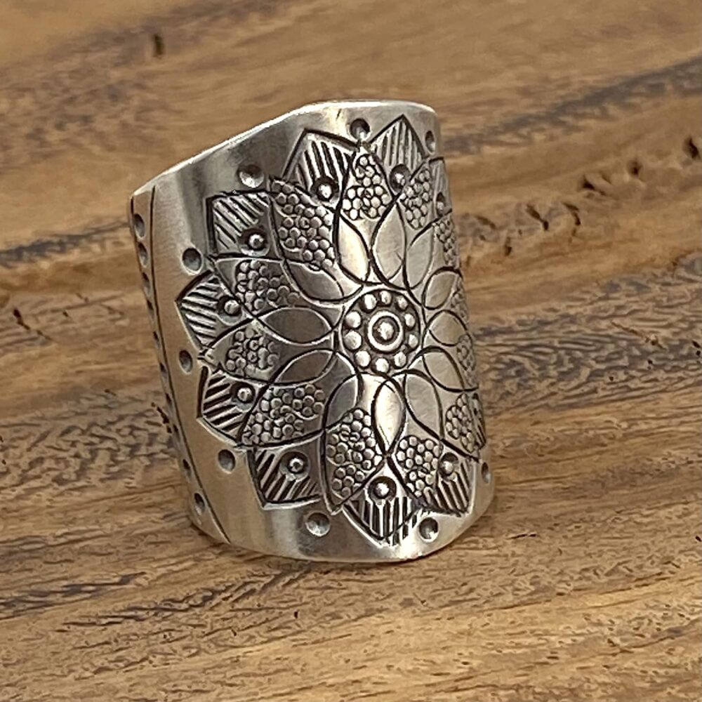 Sterling Silver Mandala Flower Boho Statement Ring, Ethnic Hippie Gypsy Wide Band Adjustable Solar Ring, Also as Thumb ring, Gift for Her - Image 8