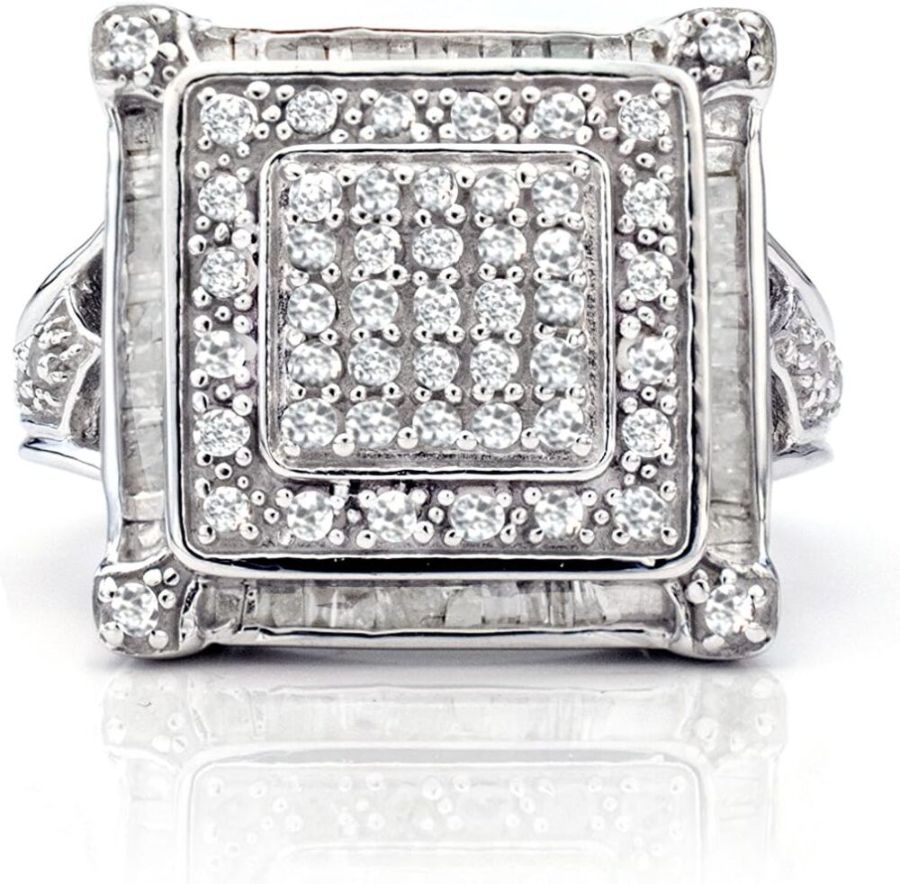 NATALIA DRAKE 1 Cttw Diamond Ring for Women in Rhodium Plated 925 Sterling Silver Color Square Statement Jewelry