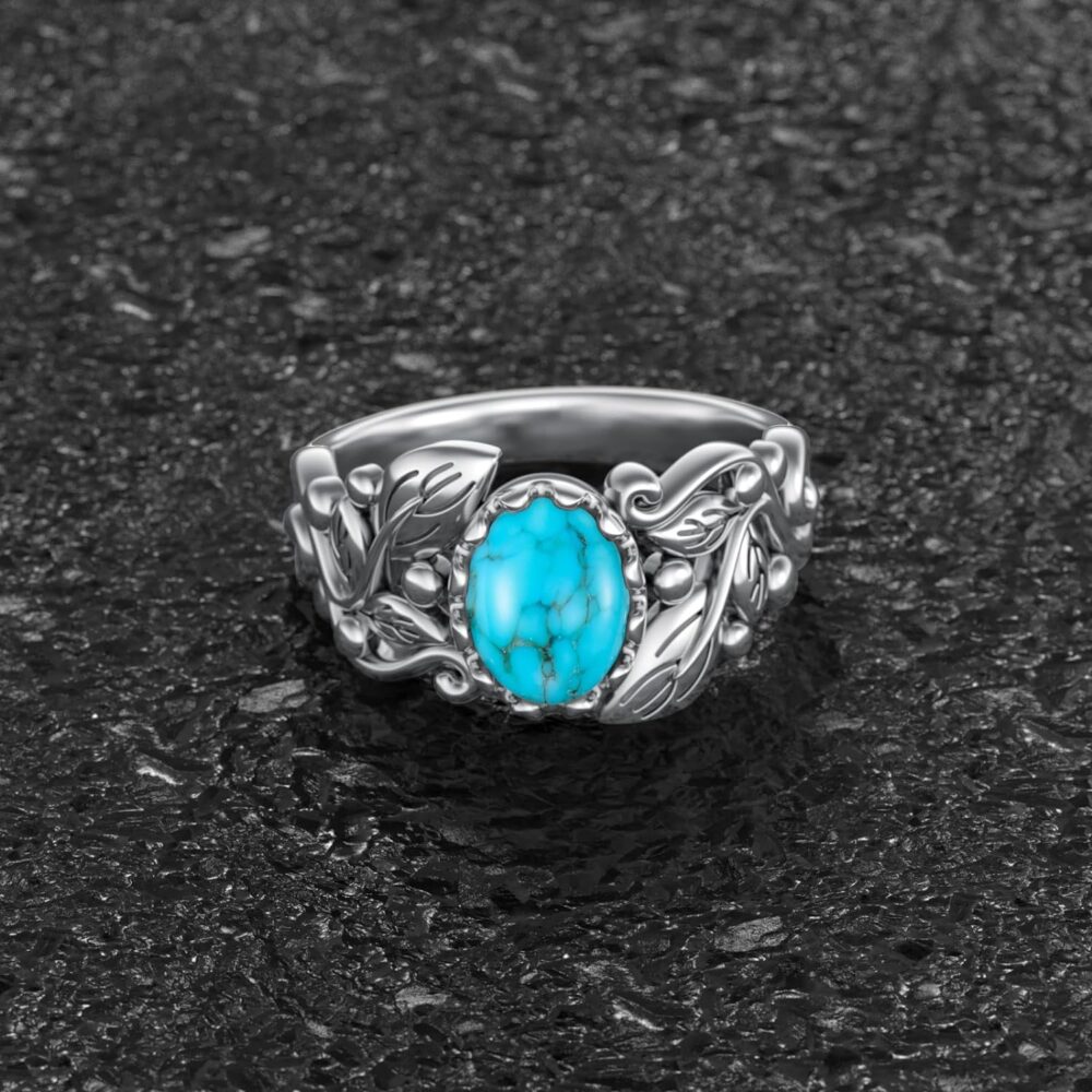 Turquoise Ring 925 Sterling Silver Leaf Ring Leaf Turquoise Ring Western Oval Gemstone Jewelry Vintage Inspired Ring Gift for Women Wife Mom - Image 2