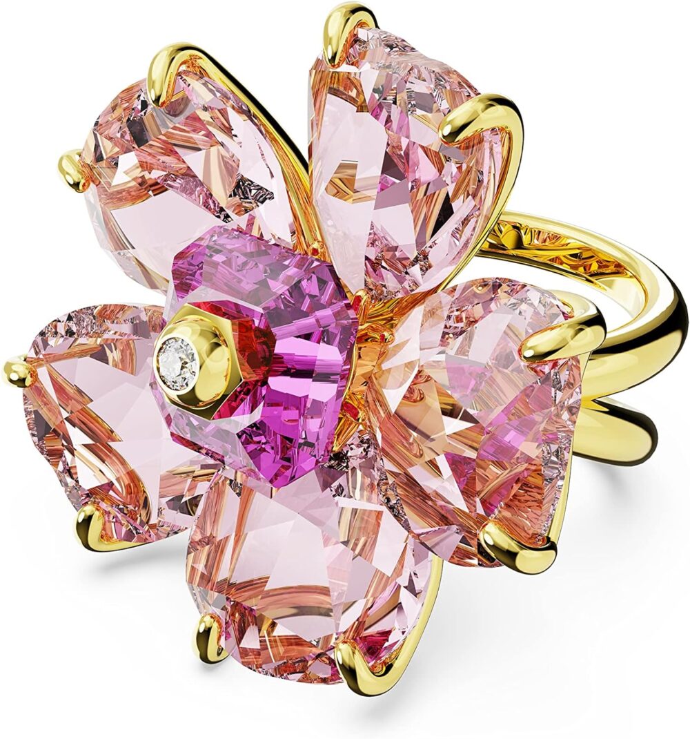 SWAROVSKI Florere Cocktail Ring, Flower Motif with Pink Crystals on a Gold-Tone Finished Double Band