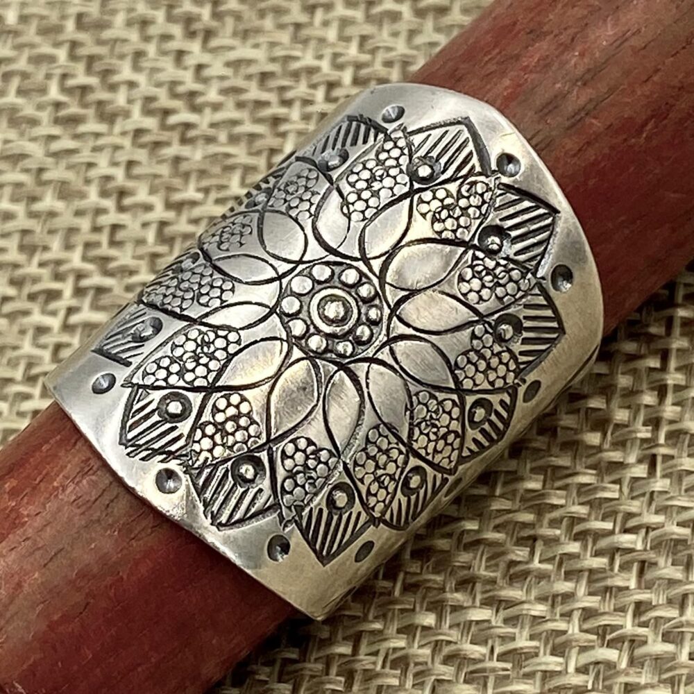 Sterling Silver Mandala Flower Boho Statement Ring, Ethnic Hippie Gypsy Wide Band Adjustable Solar Ring, Also as Thumb ring, Gift for Her - Image 7