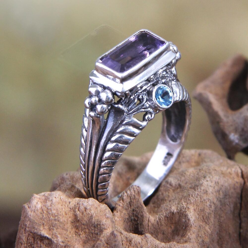 NOVICA Artisan Handmade Amethyst Blue Topaz Cocktail Ring .925 Sterling Silver Purple Indonesia Birthstone 'Sea Temple' - Image 3