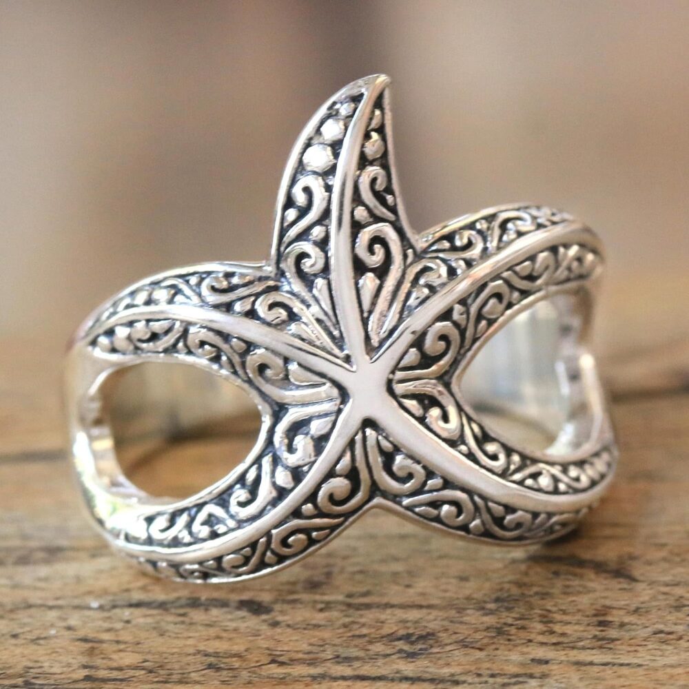 NOVICA Artisan Handmade .925 Sterling Silver Cocktail Ring Starfish from Bali Indonesia Animal Themed Sea Lifestarfish 'Bali Starfish' - Image 5