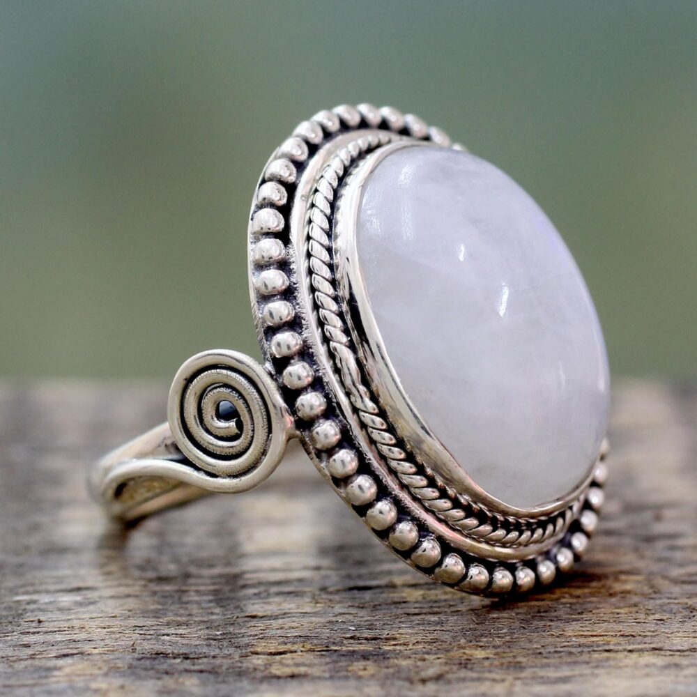 NOVICA Artisan Handmade Rainbow Moonstone Cocktail Ring India .925 Sterling Silver with White Clear 'Rainbow Glow' - Image 3