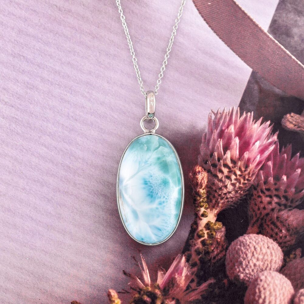 Natural Sky Blue Larimar Stone Bezel Pendant Dainty Necklace Handmade Necklace For Women Healing Chakra Energy Crystals, Birthstone Jewelry, 925 Sterling Silver 18 inch, Christmas Gift for Her - Image 2