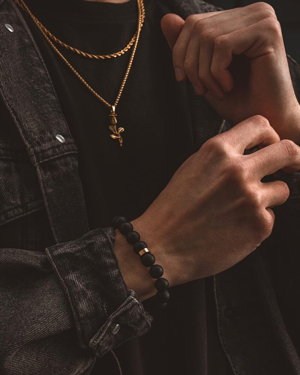 Forge & Foundry Men’s Matte Black Solid Onyx Beaded Bracelet | Polished 18K Gold Plated, Polished Stainless Steel or Polished Black Signature Bead Options | "Andalus" | Refined Hand-Crafted Jewelry, Designed by Jewelers, Forged for Men - Image 2