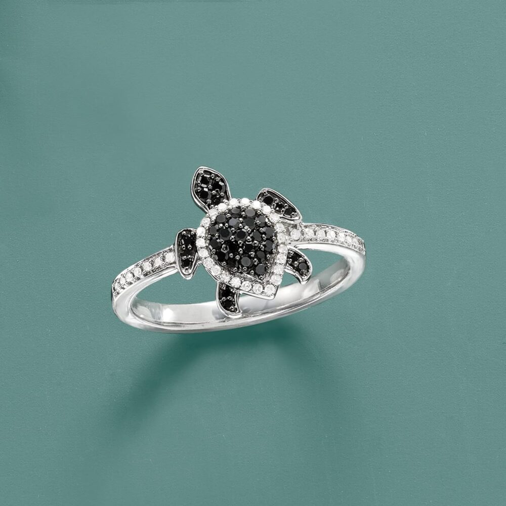 Ross-Simons 0.25 ct. t.w. Black and White Diamond Turtle Ring in Sterling Silver - Image 4