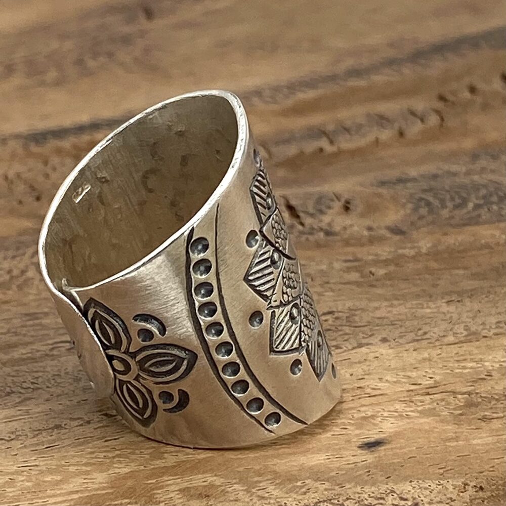 Sterling Silver Mandala Flower Boho Statement Ring, Ethnic Hippie Gypsy Wide Band Adjustable Solar Ring, Also as Thumb ring, Gift for Her - Image 9