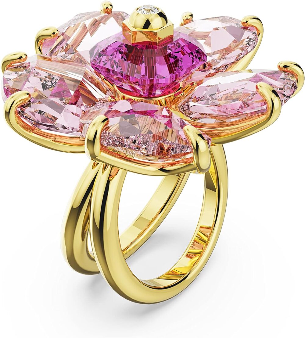 SWAROVSKI Florere Cocktail Ring, Flower Motif with Pink Crystals on a Gold-Tone Finished Double Band - Image 2