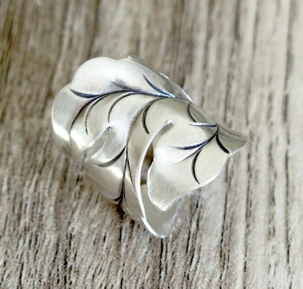 Sterling Silver Handmade Large Nature Boho Leaf Statement Wide Ring Adjustable Wrap to Sizes 6 to 11 also as Thumb Ring - Image 5