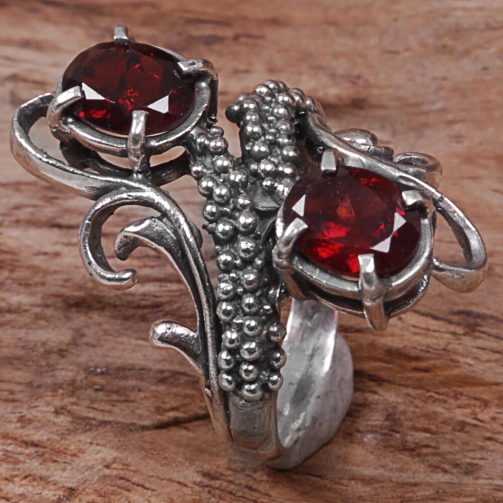 NOVICA Artisan Handmade Garnet Cocktail Ring from Indonesia .925 Sterling Silver Red Multi Stone Aurora Birthstone 'Magical Union in Red' - Image 2