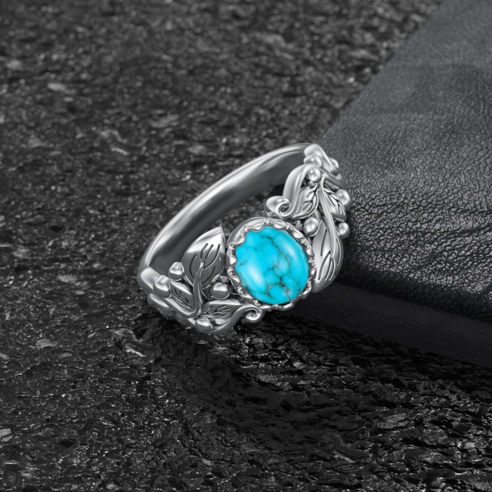 Turquoise Ring 925 Sterling Silver Leaf Ring Leaf Turquoise Ring Western Oval Gemstone Jewelry Vintage Inspired Ring Gift for Women Wife Mom - Image 3