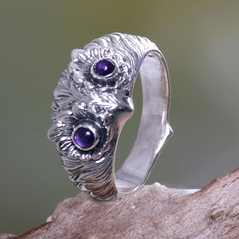 NOVICA Artisan Handmade Amethyst Ring Silver Bird Sterling Purple Band Indonesia Animal Themed Good Fortune Birthstone [crownbezel 0.4 in L x 0.7 in W x 0.2 in H Band Width 4 mm W] ' Owl Wisdom' - Image 2