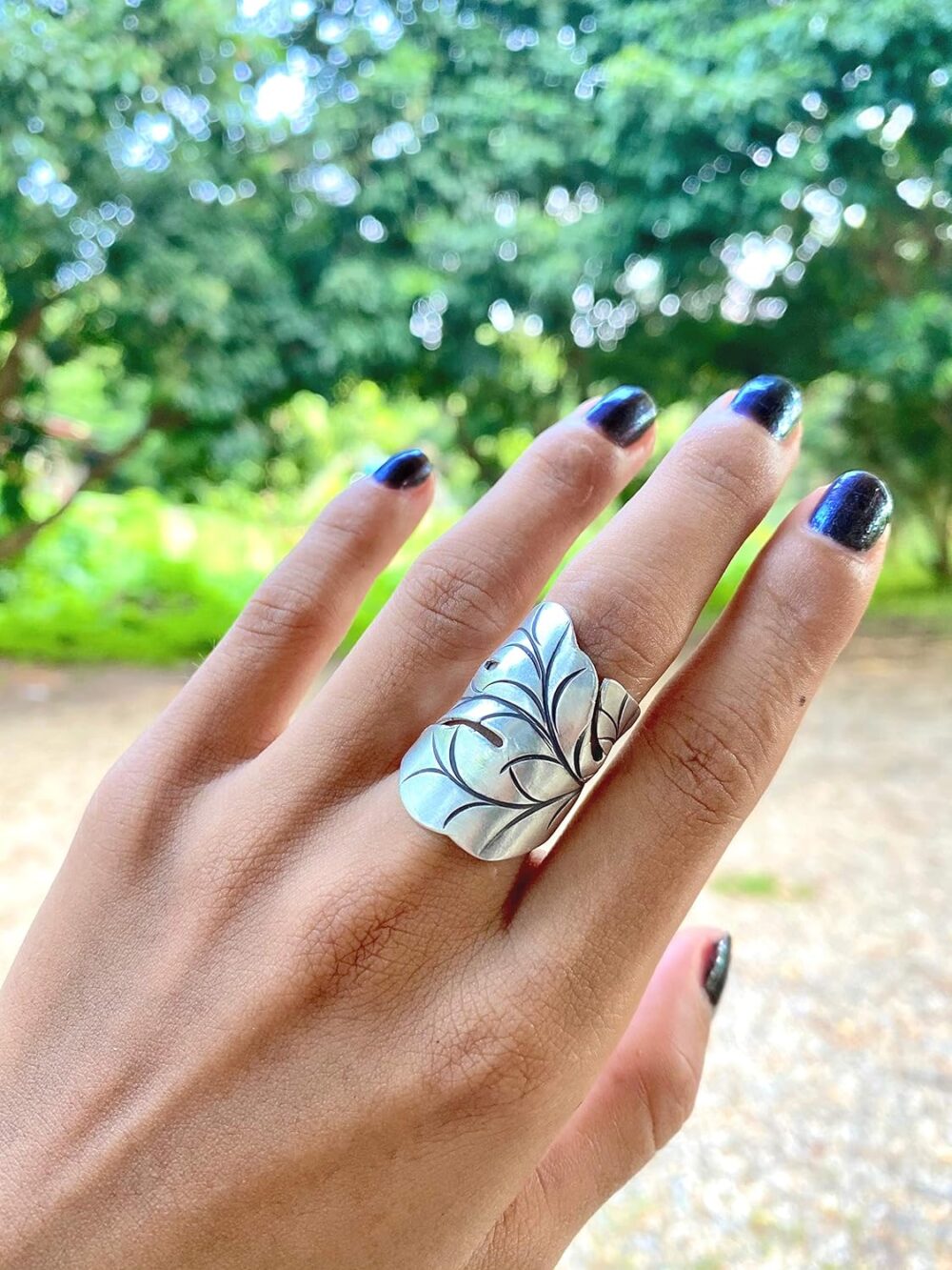 Sterling Silver Handmade Large Nature Boho Leaf Statement Wide Ring Adjustable Wrap to Sizes 6 to 11 also as Thumb Ring - Image 3