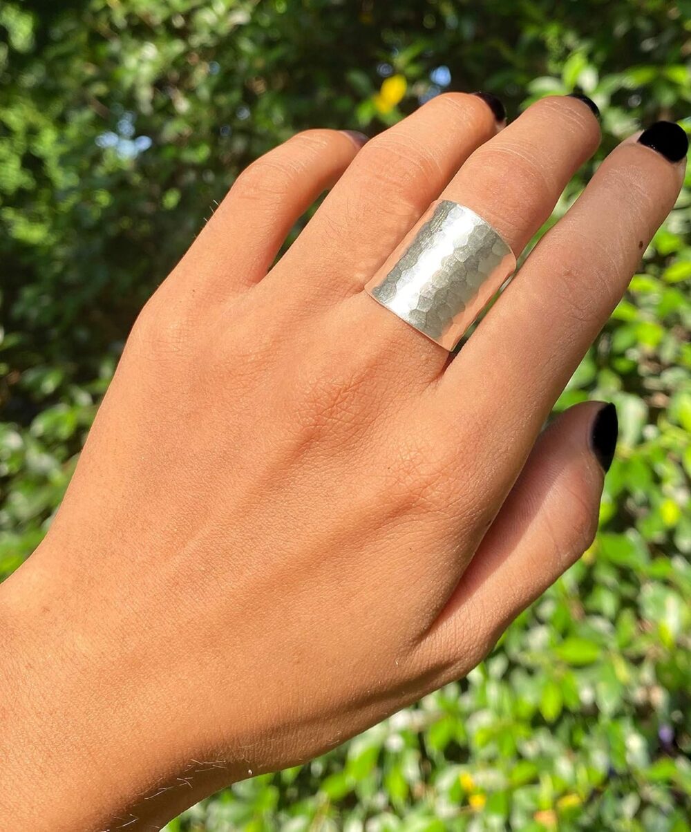 Hammered Sterling Silver Handmade Classic Wide Band Boho Statement Ring, Shiny Finish Wrap Band Adjustable to Sizes 6-12, Also as Thumb Ring, Gift for Her - Image 6