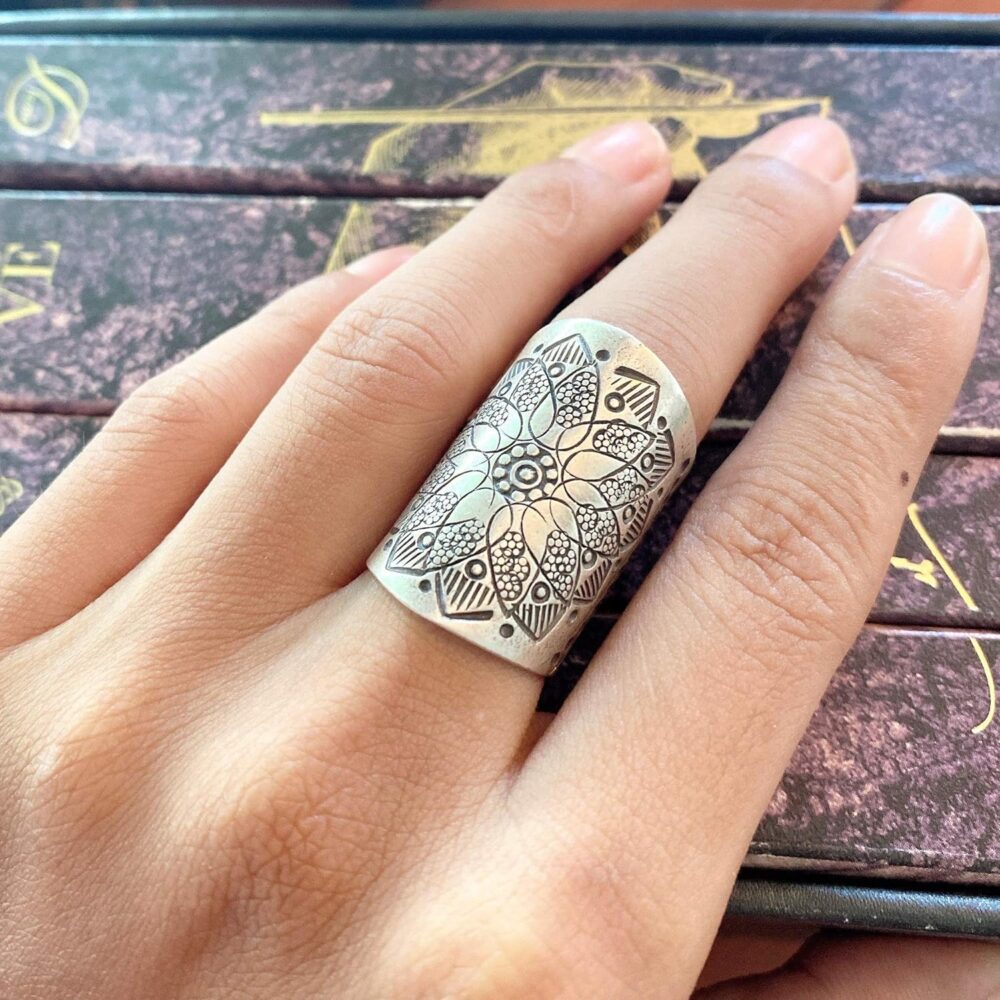 Sterling Silver Mandala Flower Boho Statement Ring, Ethnic Hippie Gypsy Wide Band Adjustable Solar Ring, Also as Thumb ring, Gift for Her - Image 6