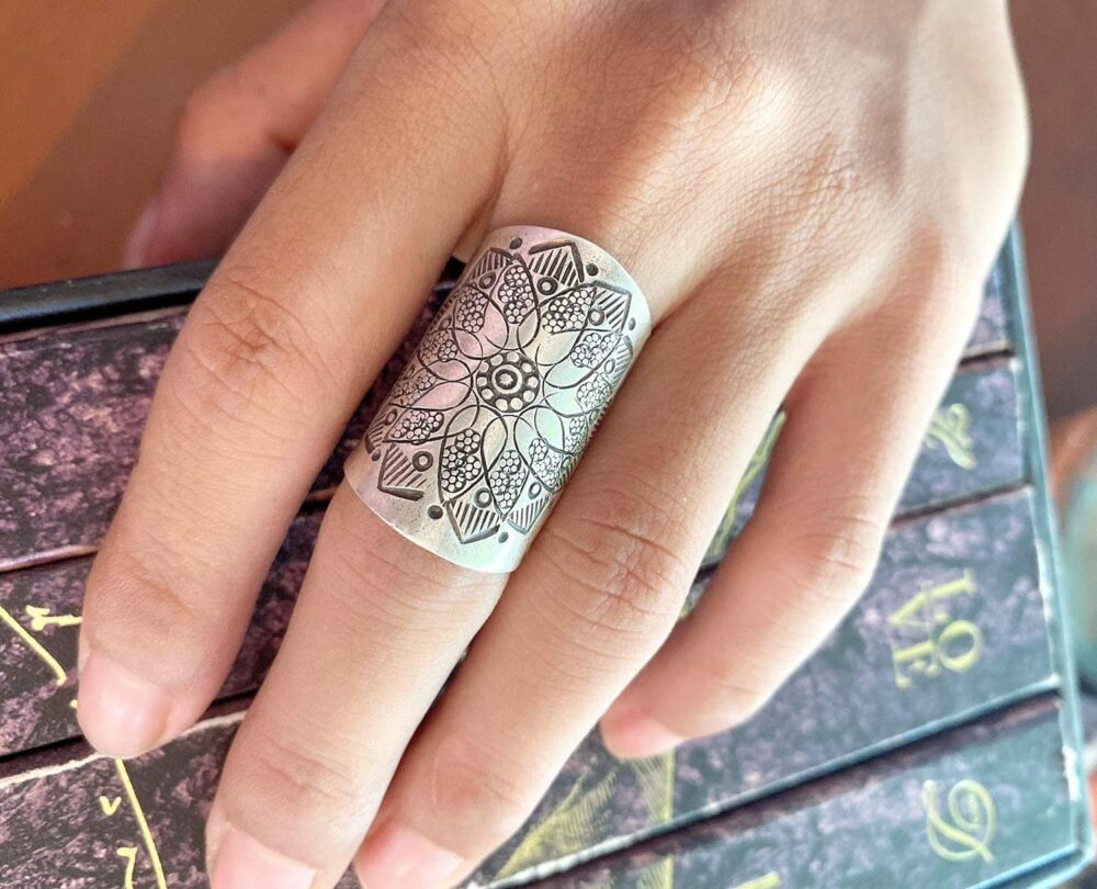 Sterling Silver Mandala Flower Boho Statement Ring, Ethnic Hippie Gypsy Wide Band Adjustable Solar Ring, Also as Thumb ring, Gift for Her - Image 4