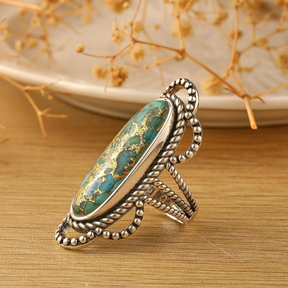 Turquoise/Teal Turquoise/Spiny Turquoise Ring for Women 925 Sterling Silver Oval Bohemian Ring for Valentine Day Oxidized Silver Statement Rings Size 6-9 - Image 2