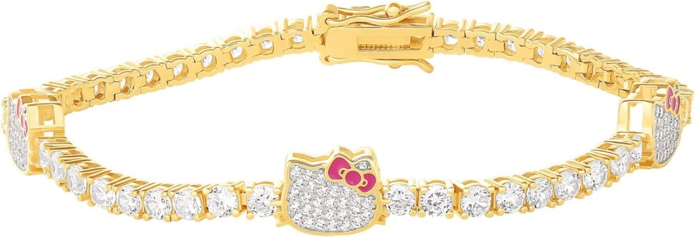 Hello Kitty Sanrio Womens Pave CZ Tennis Bracelet Official License, 7.5" 18kt Gold Flash-Plated Sterling Silver Bracelet