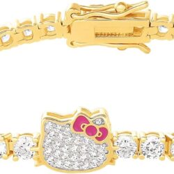 Hello Kitty Sanrio Womens Pave CZ Tennis Bracelet Official License, 7.5" 18kt Gold Flash-Plated Sterling Silver Bracelet