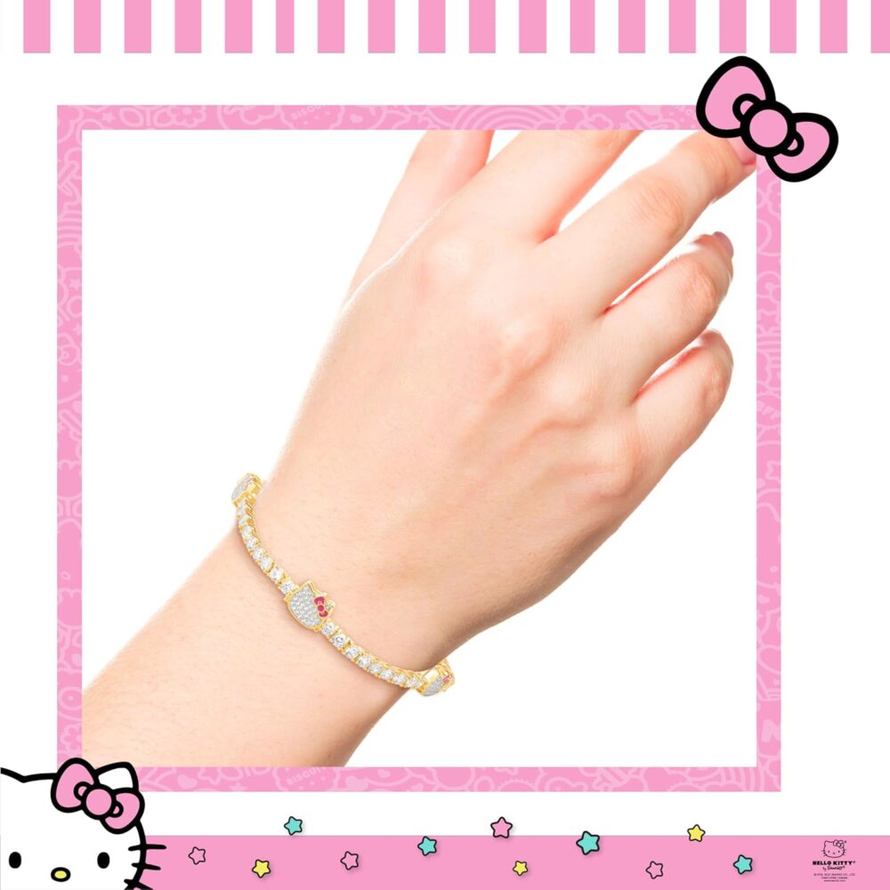 Hello Kitty Sanrio Womens Pave CZ Tennis Bracelet Official License, 7.5" 18kt Gold Flash-Plated Sterling Silver Bracelet - Image 2