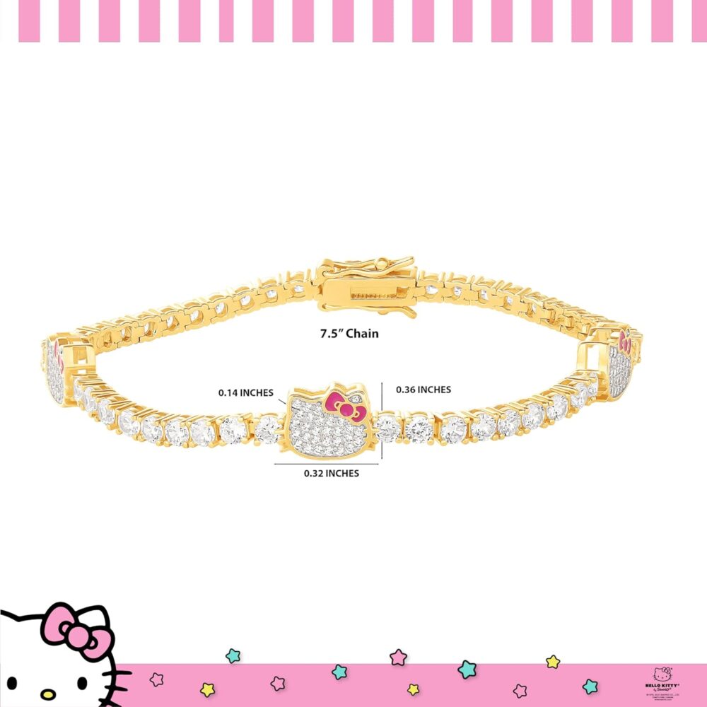 Hello Kitty Sanrio Womens Pave CZ Tennis Bracelet Official License, 7.5" 18kt Gold Flash-Plated Sterling Silver Bracelet - Image 3