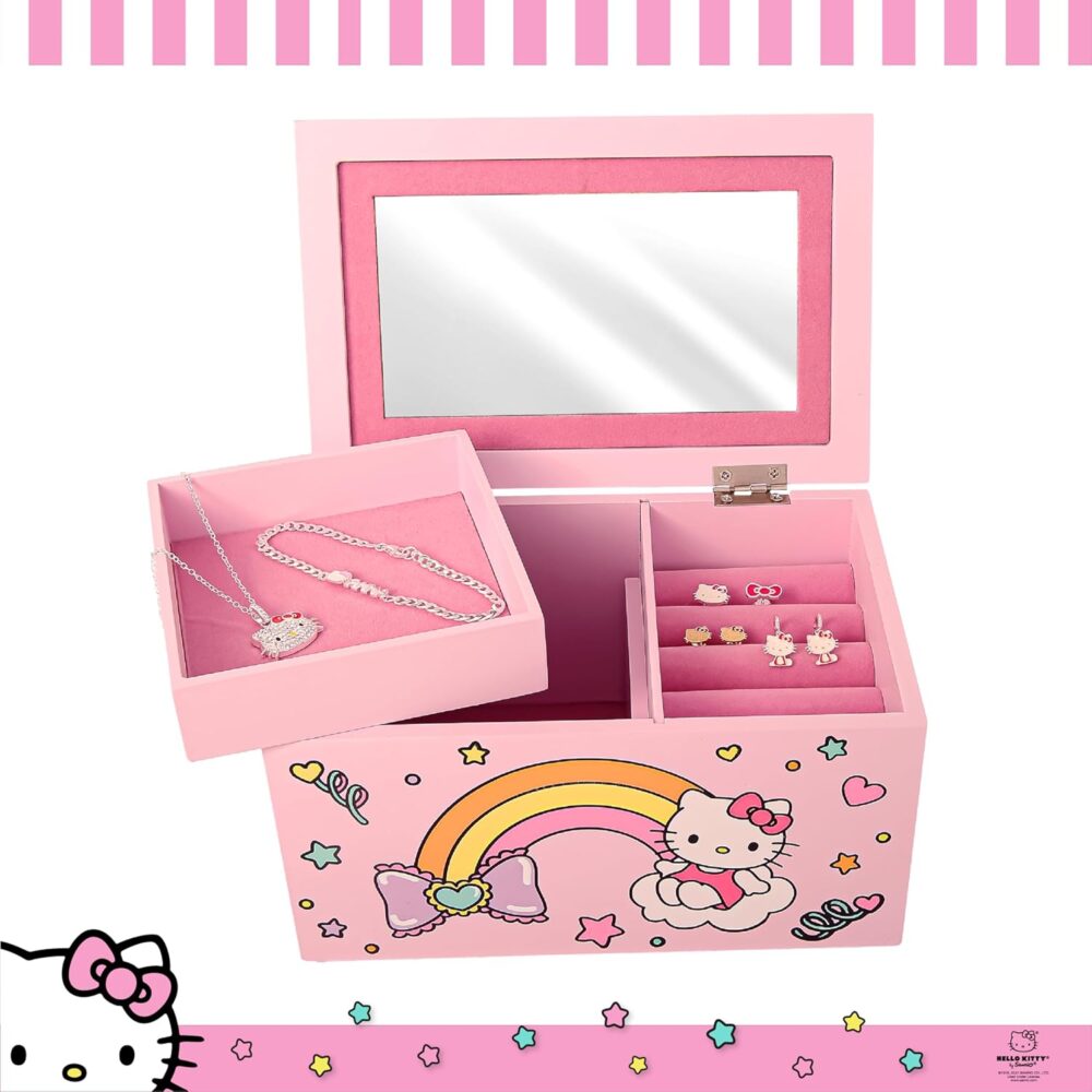 Hello Kitty Jewelry Box with Tray and Storage Official License, Pink Jewelry Box, Wood Jewelry Organizer, Sanrio Gifts (Pink) - Image 2