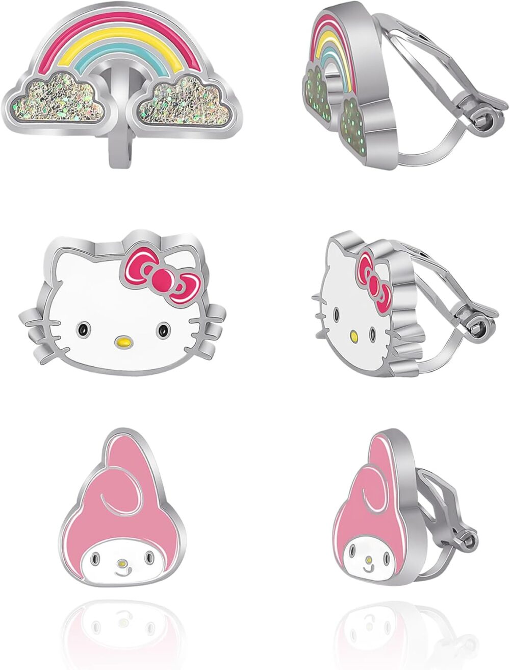 Sanrio Hello Kitty and Friends Earring Collection – 3-Piece Stud and Clip-On Sets, Silver Plated with Enamel, Officially Licensed