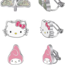 Sanrio Hello Kitty and Friends Earring Collection – 3-Piece Stud and Clip-On Sets, Silver Plated with Enamel, Officially Licensed