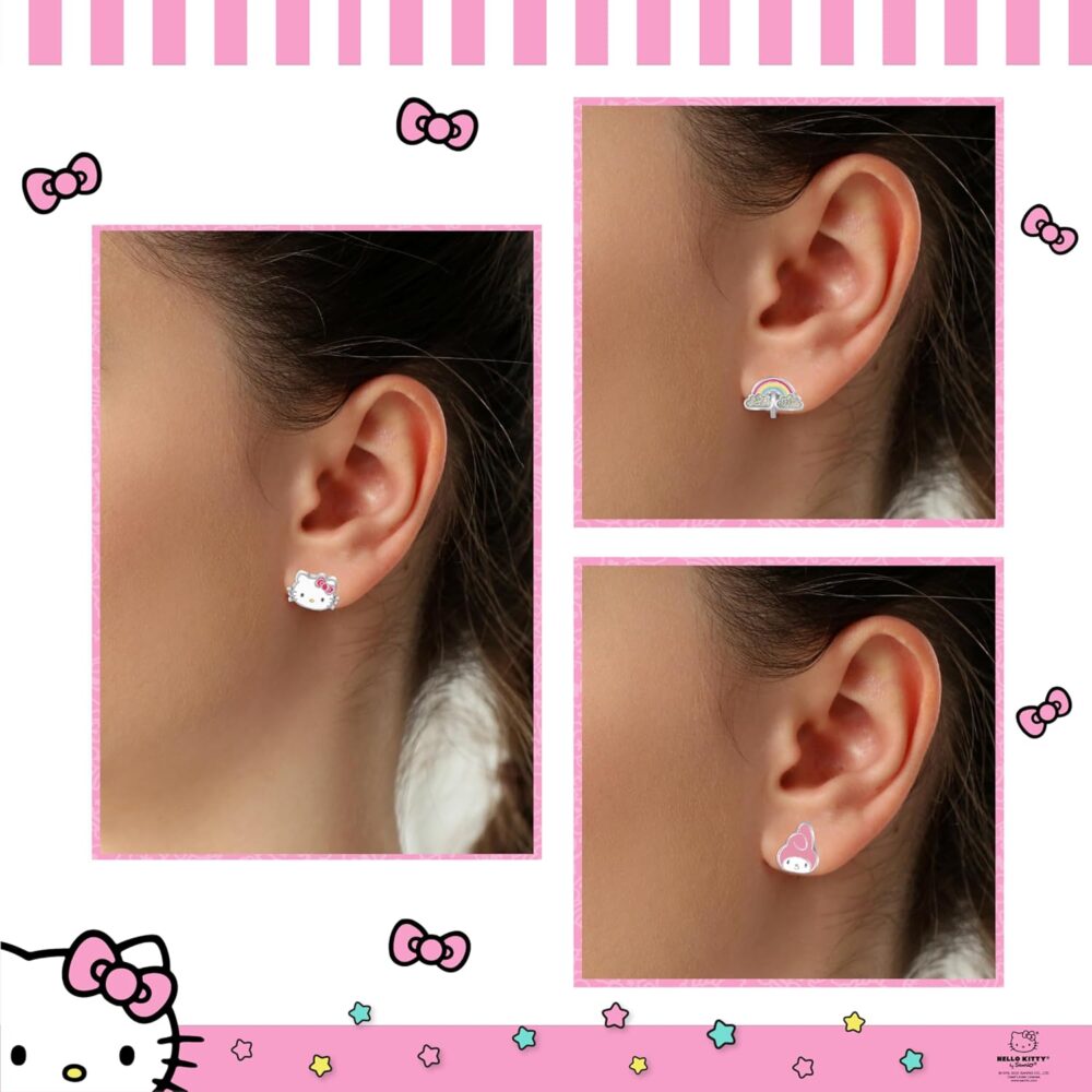 Sanrio Hello Kitty and Friends Earring Collection – 3-Piece Stud and Clip-On Sets, Silver Plated with Enamel, Officially Licensed - Image 2