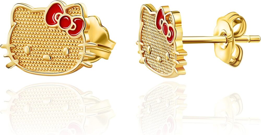 Sanrio Hello Kitty Womens 10k Gold Stud Earrings - Gold Hello Kitty Earrings with Red Enamel Bow Officially Licensed