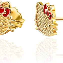 Sanrio Hello Kitty Womens 10k Gold Stud Earrings - Gold Hello Kitty Earrings with Red Enamel Bow Officially Licensed