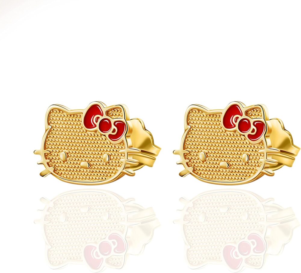 Sanrio Hello Kitty Womens 10k Gold Stud Earrings - Gold Hello Kitty Earrings with Red Enamel Bow Officially Licensed - Image 4