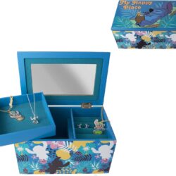 Disney Lilo and Stitch My Happy Place Silk Screen Print Blue Jewelry Box Jewelry Organizer, Officially Licensed