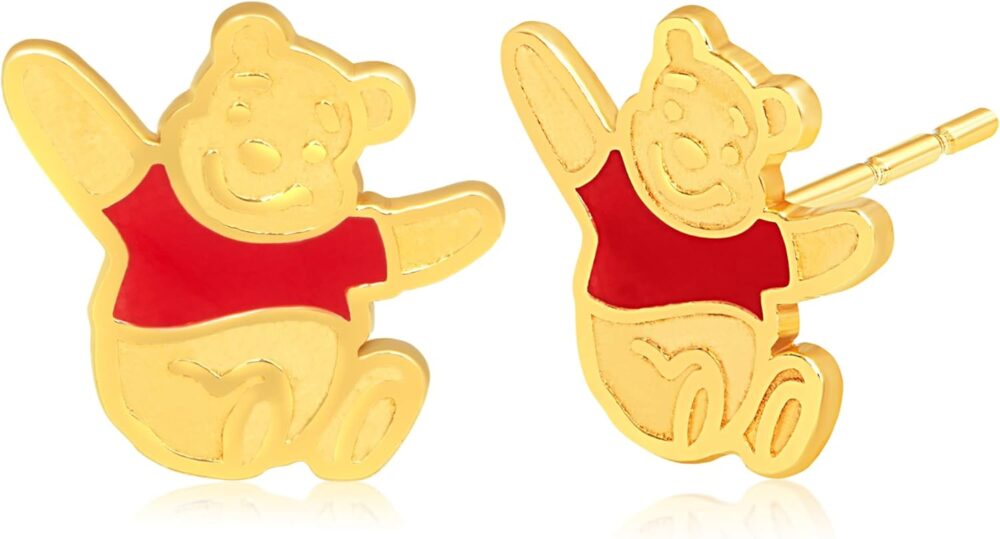 Disney Classics Winnie the Pooh 14k Gold Stud Earrings with Red Enamel Accent, Pooh Bear Earrings for Girls, Women