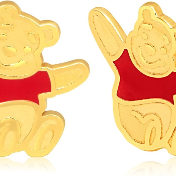 Disney Classics Winnie the Pooh 14k Gold Stud Earrings with Red Enamel Accent, Pooh Bear Earrings for Girls, Women