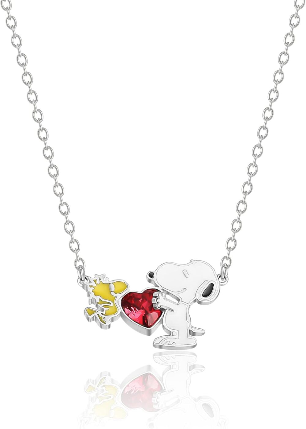 PEANUTS Womens Snoopy and Woodstock Red Crystal Heart Necklace 18" - Silver Plated Snoopy Necklace - Official License