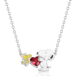 PEANUTS Womens Snoopy and Woodstock Red Crystal Heart Necklace 18" - Silver Plated Snoopy Necklace - Official License