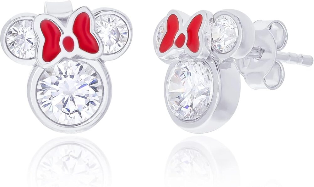 Disney Minnie Mouse Women Jewelry, Sterling Silver Cubic Zirconia and Red Enamel Bow Detail Stud Earrings