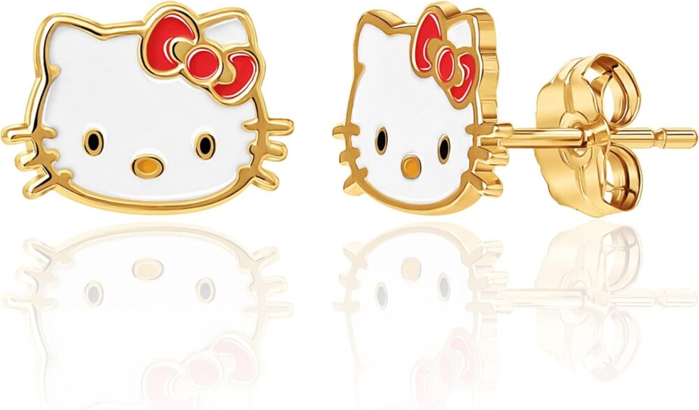 SALLY ROSE Sanrio Hello Kitty Womens 10k Gold Stud Earrings - Gold Hello Kitty Earrings with Enamel Plating Officially Licensed