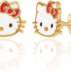 SALLY ROSE Sanrio Hello Kitty Womens 10k Gold Stud Earrings - Gold Hello Kitty Earrings with Enamel Plating Officially Licensed
