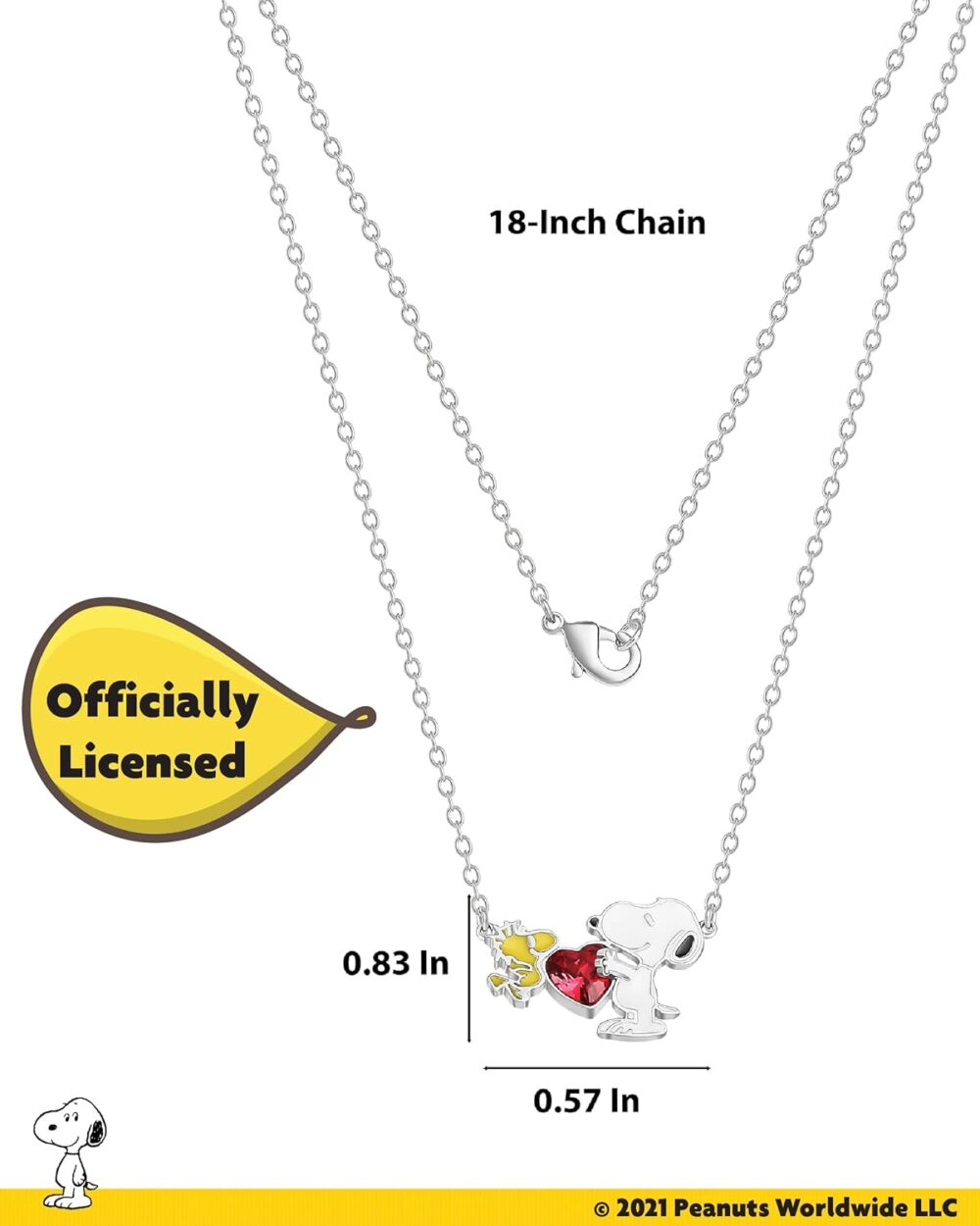 PEANUTS Womens Snoopy and Woodstock Red Crystal Heart Necklace 18" - Silver Plated Snoopy Necklace - Official License - Image 5