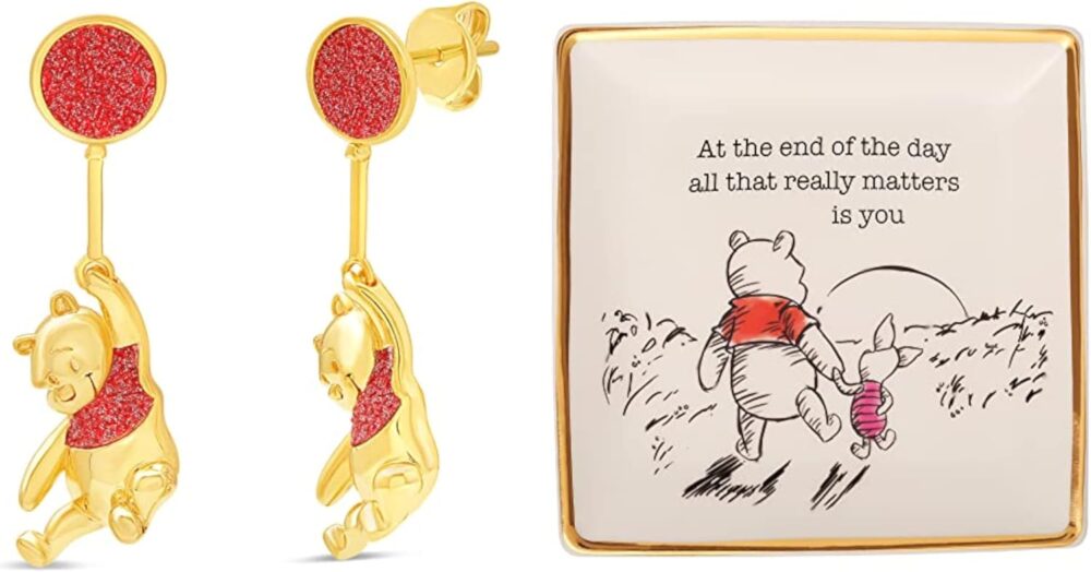 Disney Winnie the Pooh Womens Flash Plated Gold Drop Earrings and Ceramic Jewelry Tray Bundle